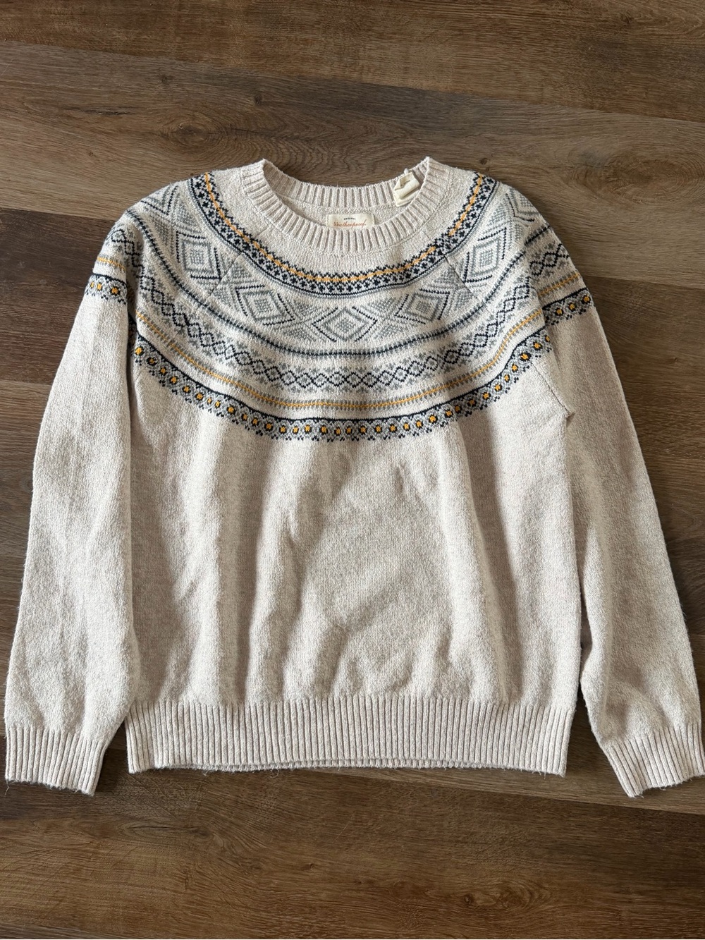 Weatherproof Cream Crewneck Sweater with Navy and Mustard Yoke